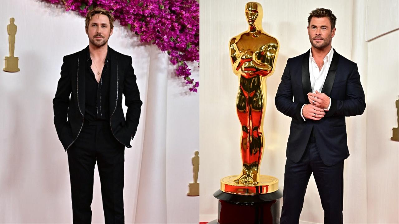 Ryan Gosling (left) walked the red carpet in a custom black Gucci suit with silver metallic detailing. Chris Hemsworth (right) donned a classic black tuxedo. Underneath his black blazer, Hemsworth wore a crisp-white shirt. 
