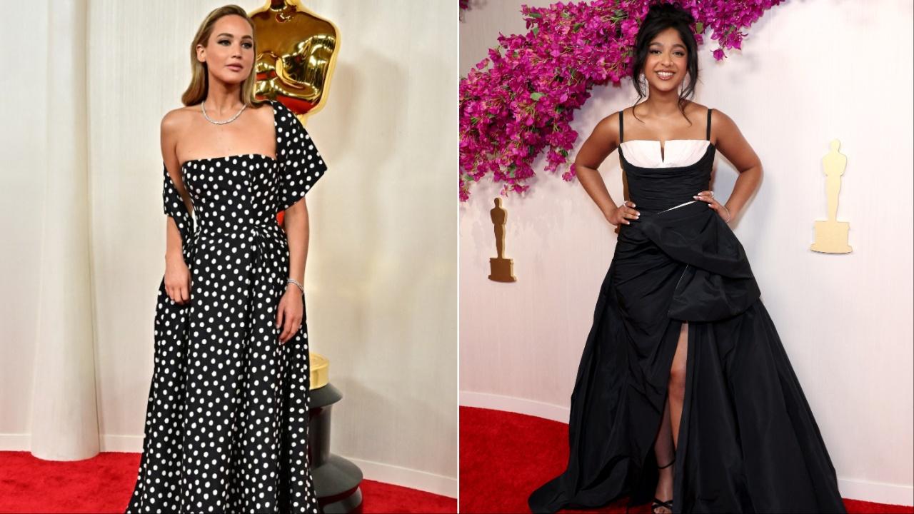 Jennifer Lawrence (left) turned heads with her old-fashioned polka-dotted off-shoulder gown from Christian Dior Haute Couture’s Spring 2024 collection. Maitreyi Ramakrishnan (right) aced the thigh-high slit black and white gown that had a scooped neckline overlay, a white bodice and a huge bow that made her look stunning.  