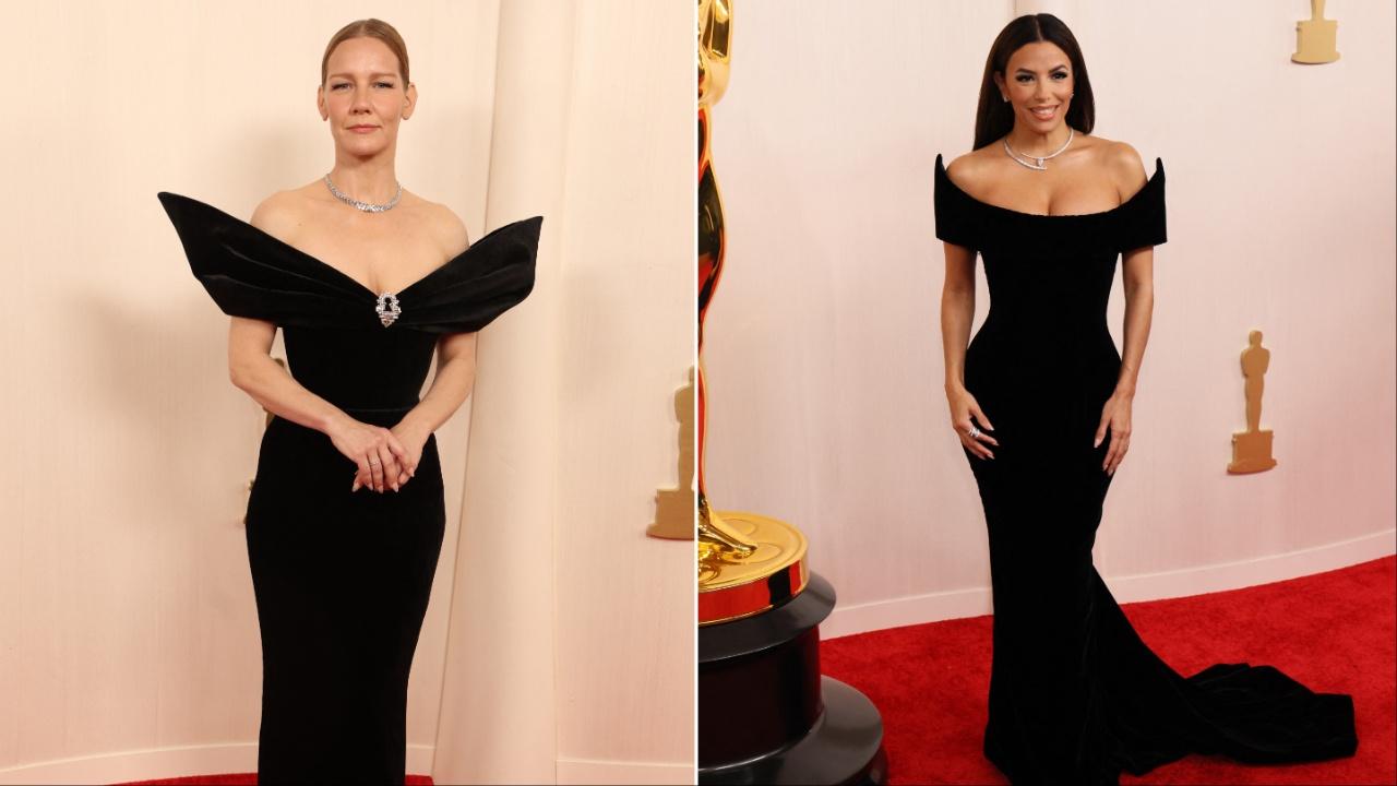 Sandra Hüller (left) donned a wearable piece of art. Her off-shoulder black gown with a brooch at the centre of her neckline made her look elegant. Eva Longoria’s (right) ensemble featured a trailing train and a dramatic neckline. She completed the look with a wrap-around neckpiece that elevated her entire look. 