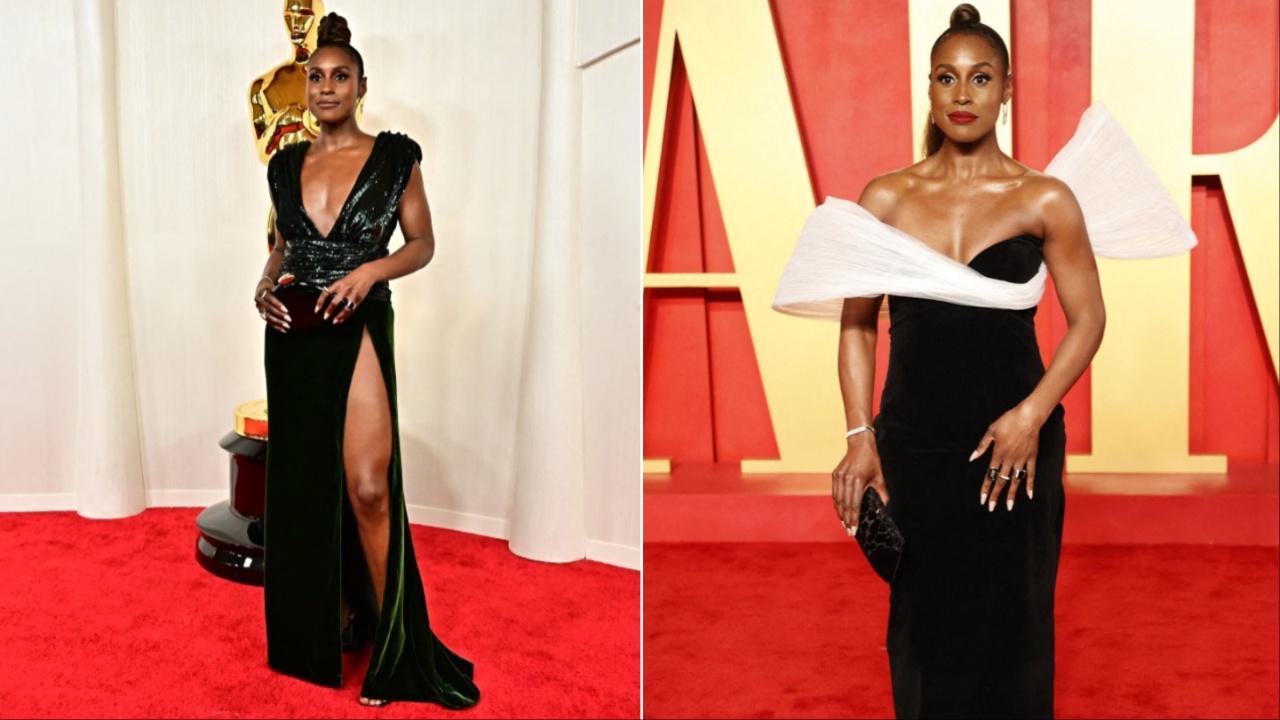Issa Rae opted for black outfits at both, the Oscar event and the after-party. For the awards show she opted for a deep neck silky, high-slit black gown. For the after-party, she opted for a black dress with a touch of white on one side of the shoulder.  