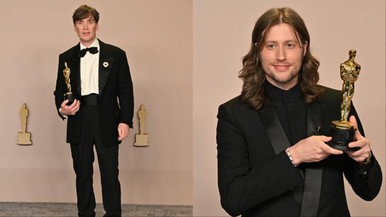 Cillian Murphy (left) looked dapper in the custom-made Versace tuxedo suit and a black silk bowtie. Ludwig Göransson (right) appeared in an all-black silky tuxedo suit. He won the Oscar for best original score for Oppenheimer. 