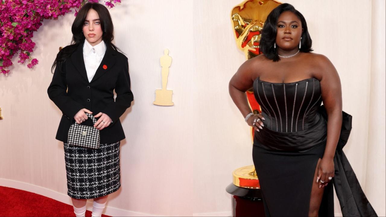 Billie Eilish (left) appeared in a coded Barbie-themed ensemble. She wore a white button-down shirt underneath a black blazer, a knee-length tweed skirt, a Chanel bag, white socks and Mary Janes heels. Danielle Brooks (right) walked the red carpet wearing a Dolce & Gabbana satin corset gown.
