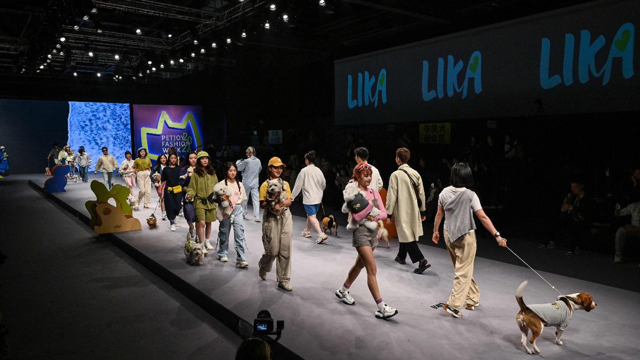 Models walk pets down the catwalk during the Pet joy Fashion week 2024 at the Yangpu district in Shanghai