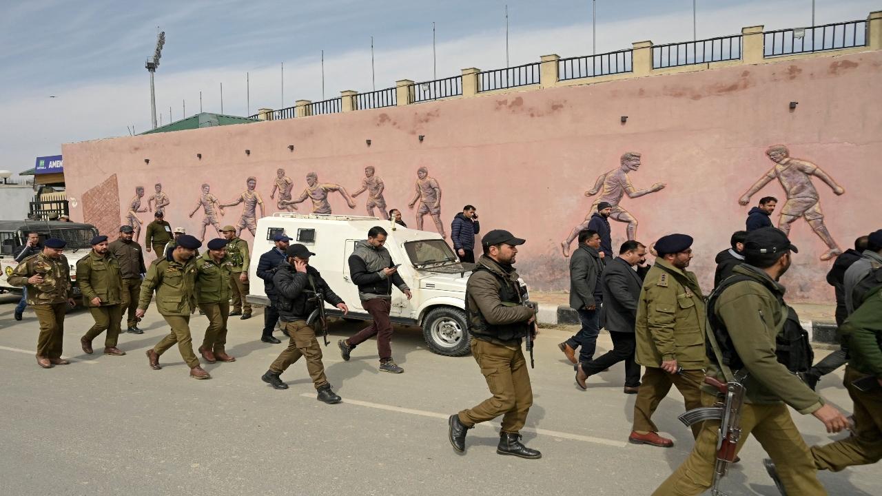 Security personnel patrol outside the venue where India's Prime Minister Narendra Modi is scheduled to address on March 7 a public rally in Srinagar. Pic/AFP