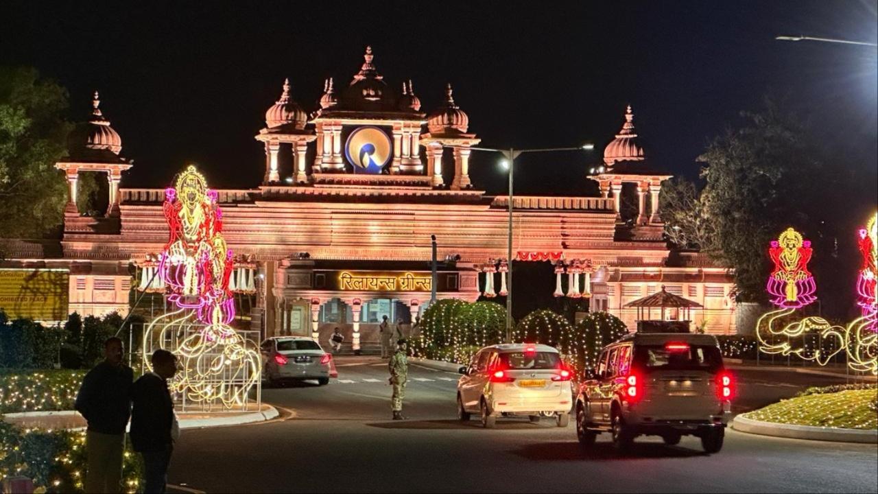 The residential township of Reliance Greens in Jamnagar is lit up with lights and colours for the grand pre-wedding celebrations of Anant Ambani and Radhika Merchant. 