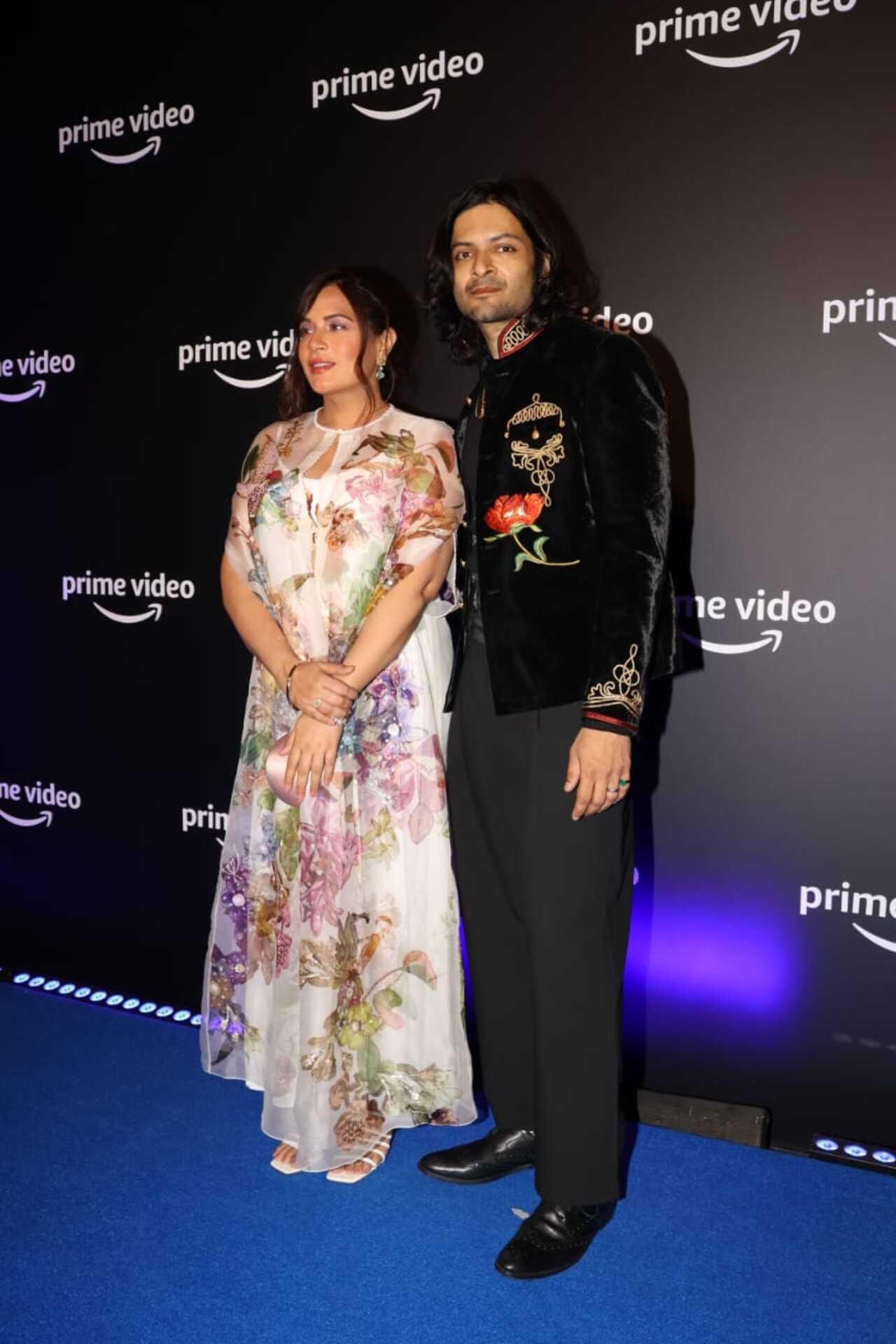 Mom-to-be Richa Chadha wore a floral outfit while Ali Fazal, who will be seen in 'Mirzapur 3' opted for a black ensemble. 