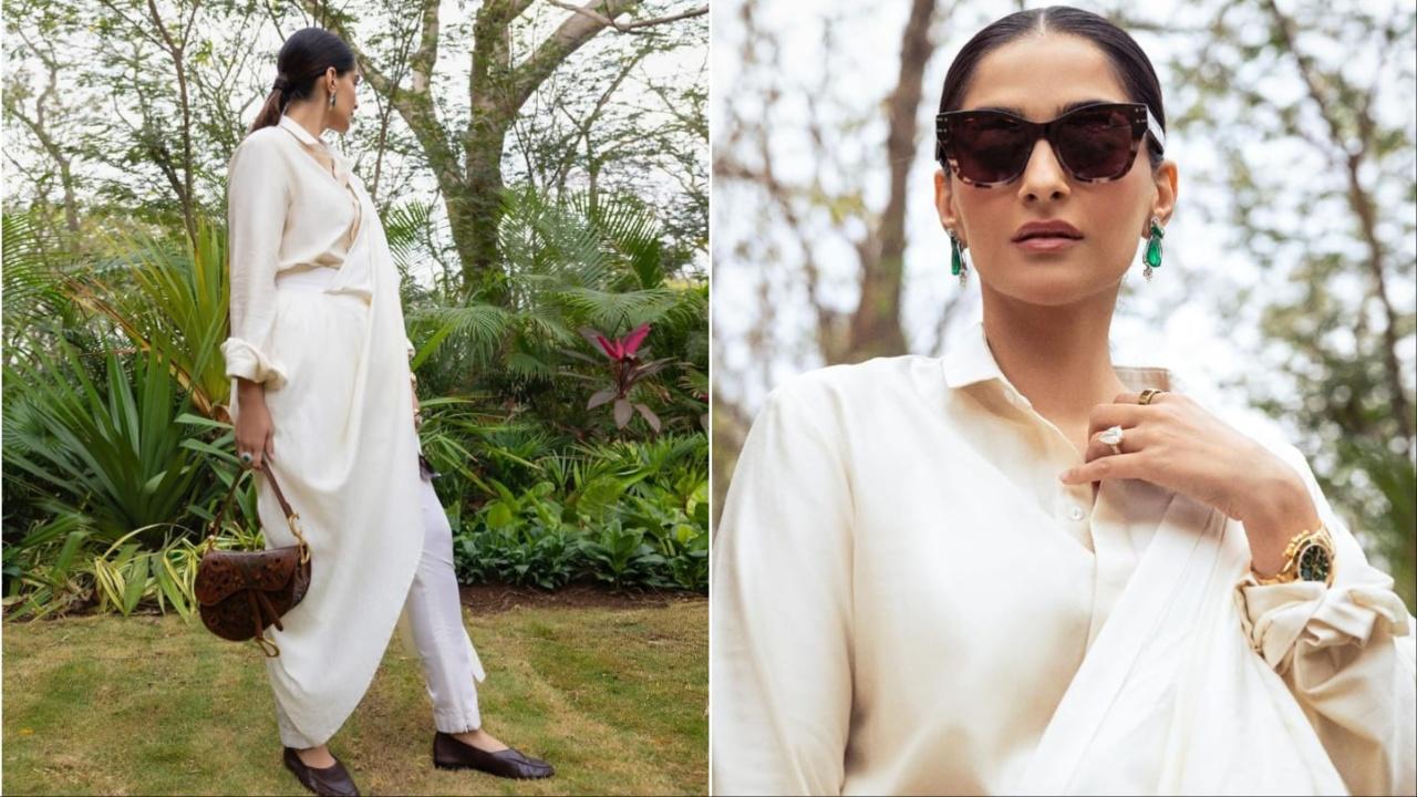 Sonam Kapoor sported a pearl ensemble by Antar Agni, completing the shirt and half-dhoti-styled look with a Dior bag. The look was styled by none other than her sister Rhea Kapoor. 