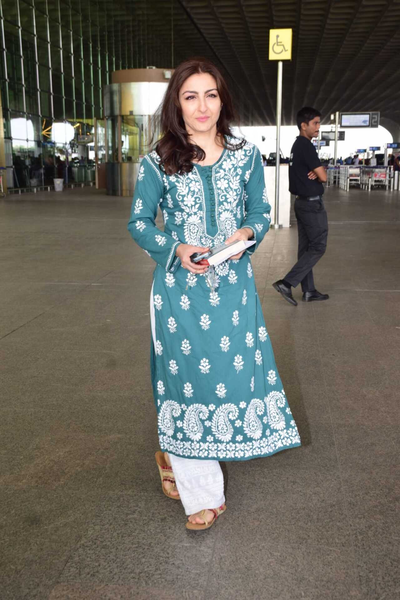 Soha Ali Khan was spotted in bright blue kurta at the airport