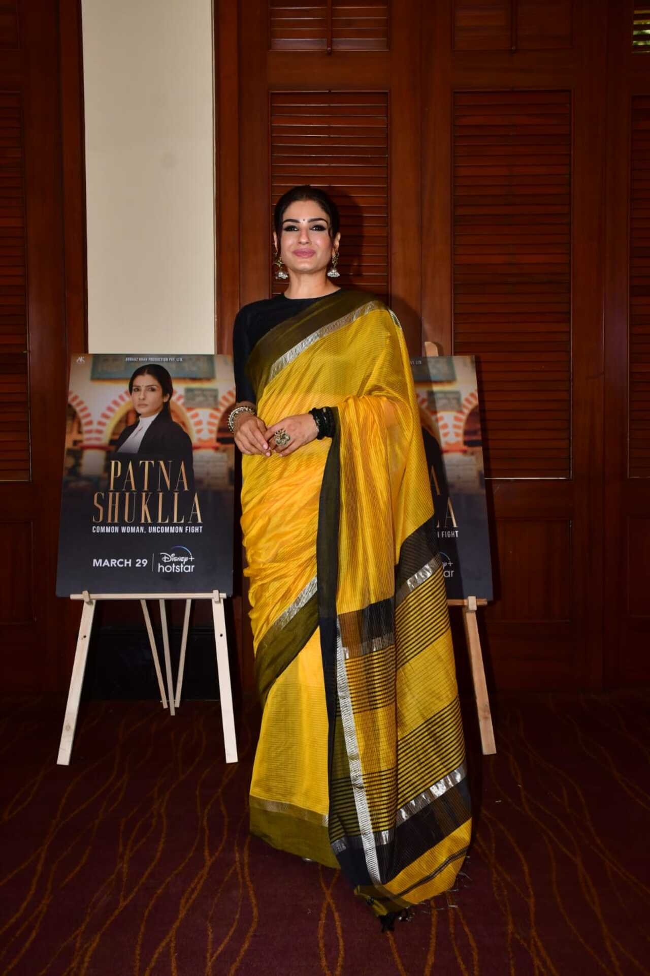 Raveena Tandon stunned in a yellow saree for the premiere of her film 'Patna Shukla'