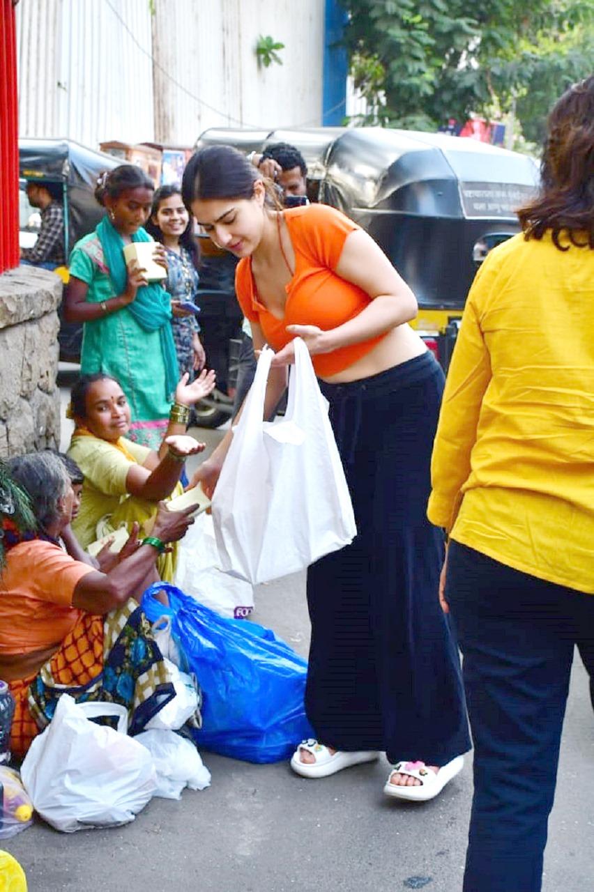 Sara Ali Khan was photographed as she distributed food outside a temple in the city
