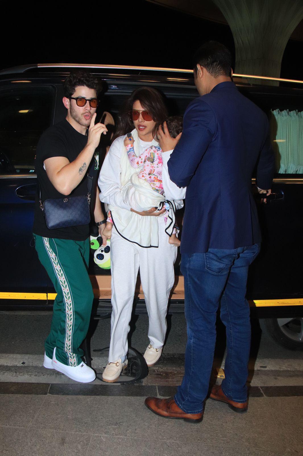 Priyanka Chopra, Malti Marie and Nick Jonas were snapped at the airport as they jetted off from the city