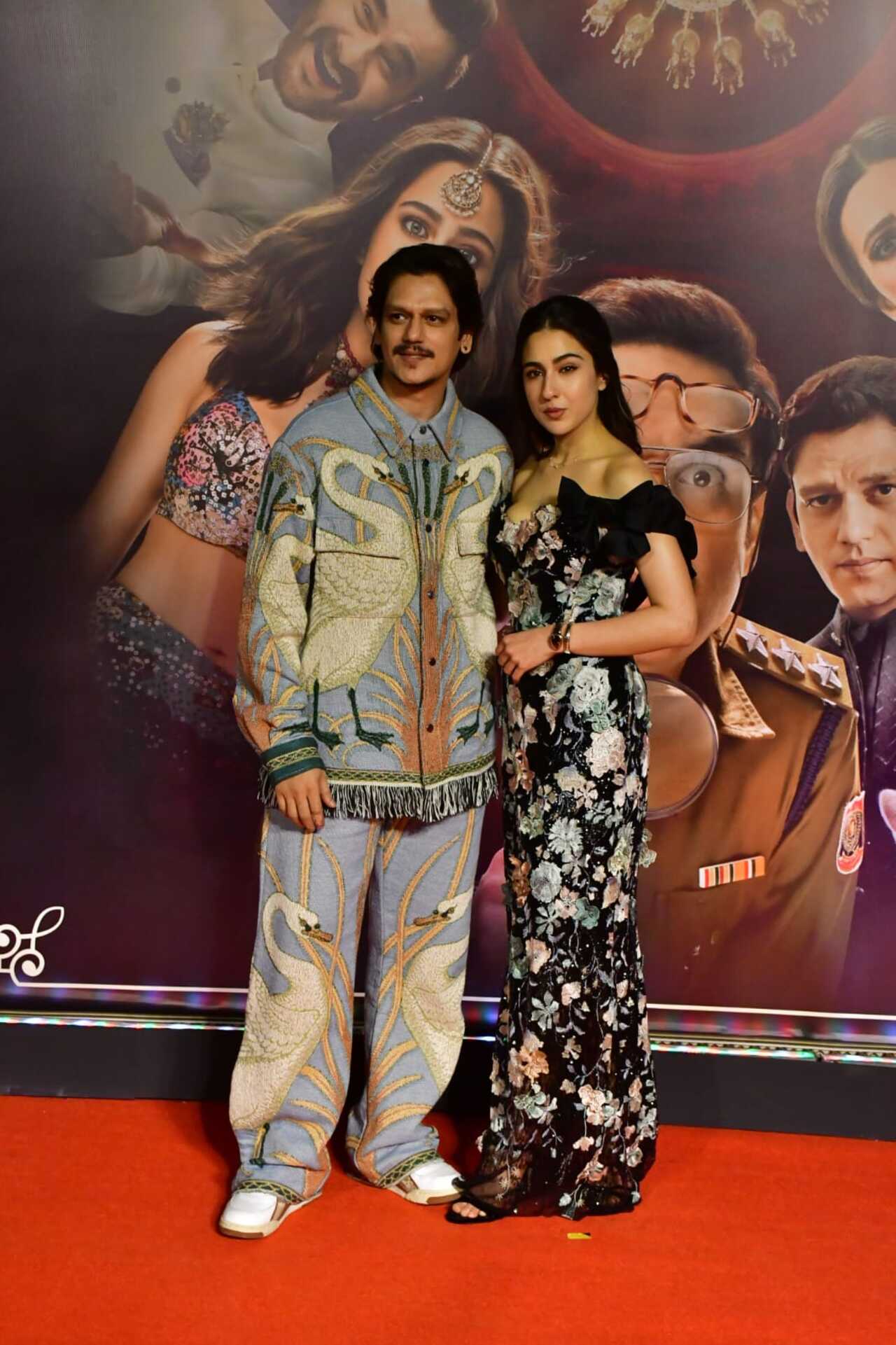 Vijay Varma and Sara Ali Khan pose together at the special screening of their film 'Murder Mubarak' in the city