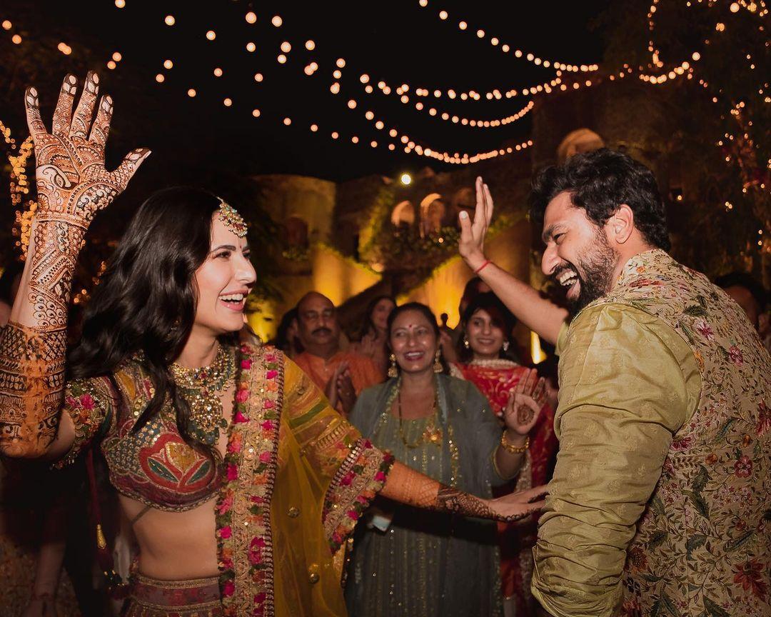 Katrina Kaif and Vicky Kaushal's wedding was one of the most beautiful ones. The two actors opted for shades of green to ace their mehendi look. While Katrina went for a classic Sabyasachi lehenga Vicky complemented his lady love in a printed sherwani
