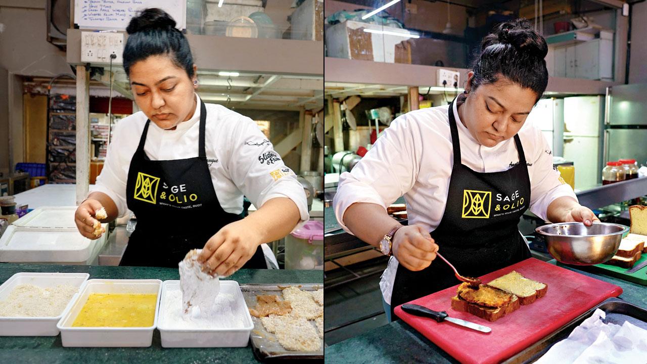 The chicken breast is dredged in corn flour, egg and then, panko crust (right) chef Amal Farooque slathers tonkatsu sauce on the chicken katsu sando