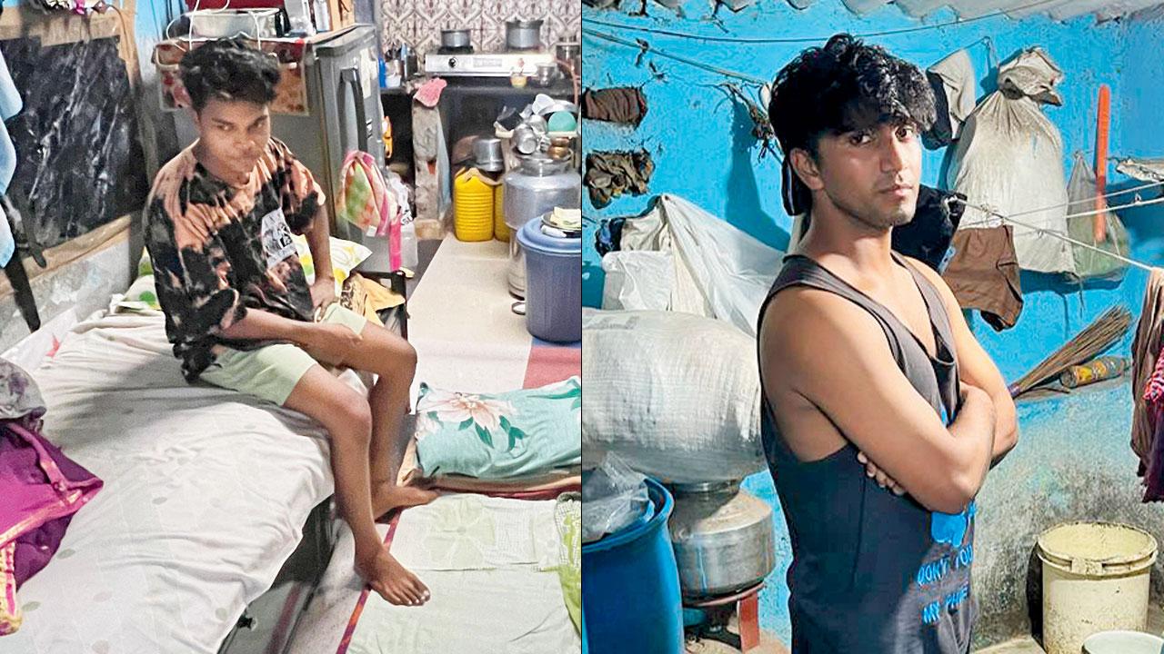 Anush Harijan in his shanty (right) Akash Chauhan in his hutment