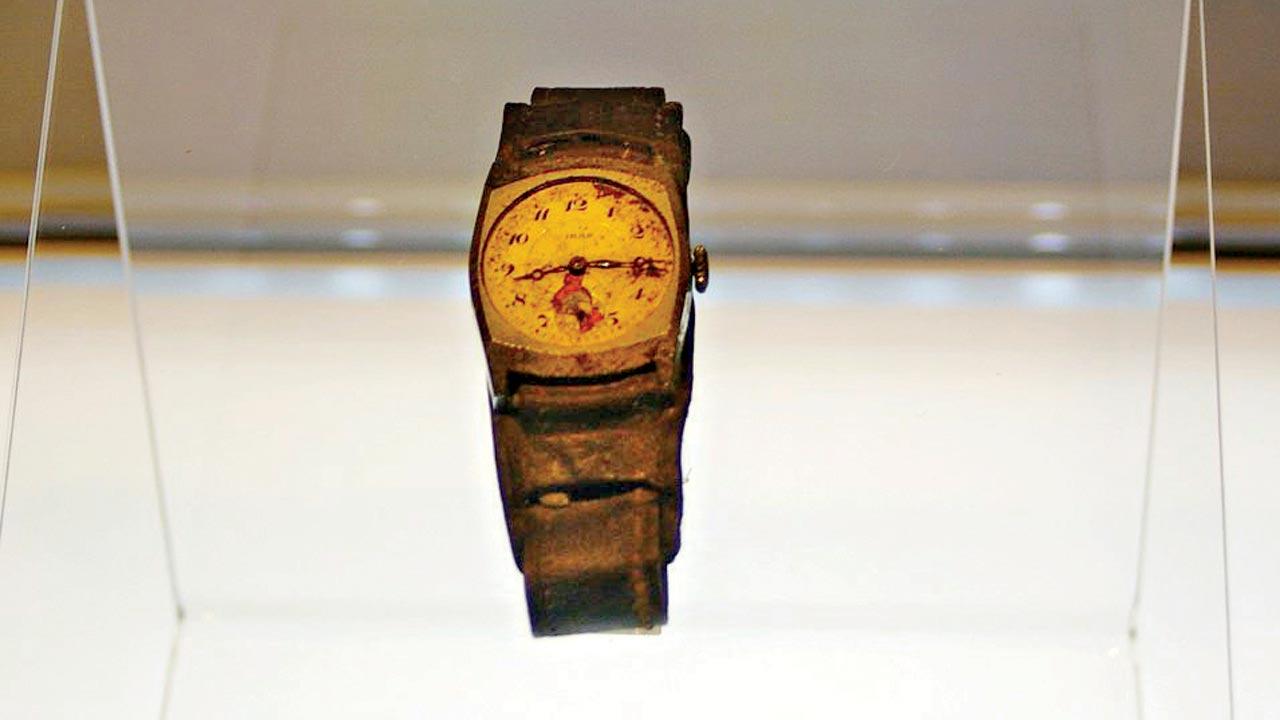 A broken watch marking the time of the 1945 bombings showcased at the museum