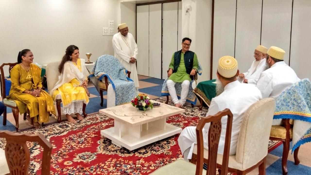 Kiren Rijuju and the BJP leaders during the meeting with representatives of the Dawoodi Bohra community in Mumbai. Pic/X