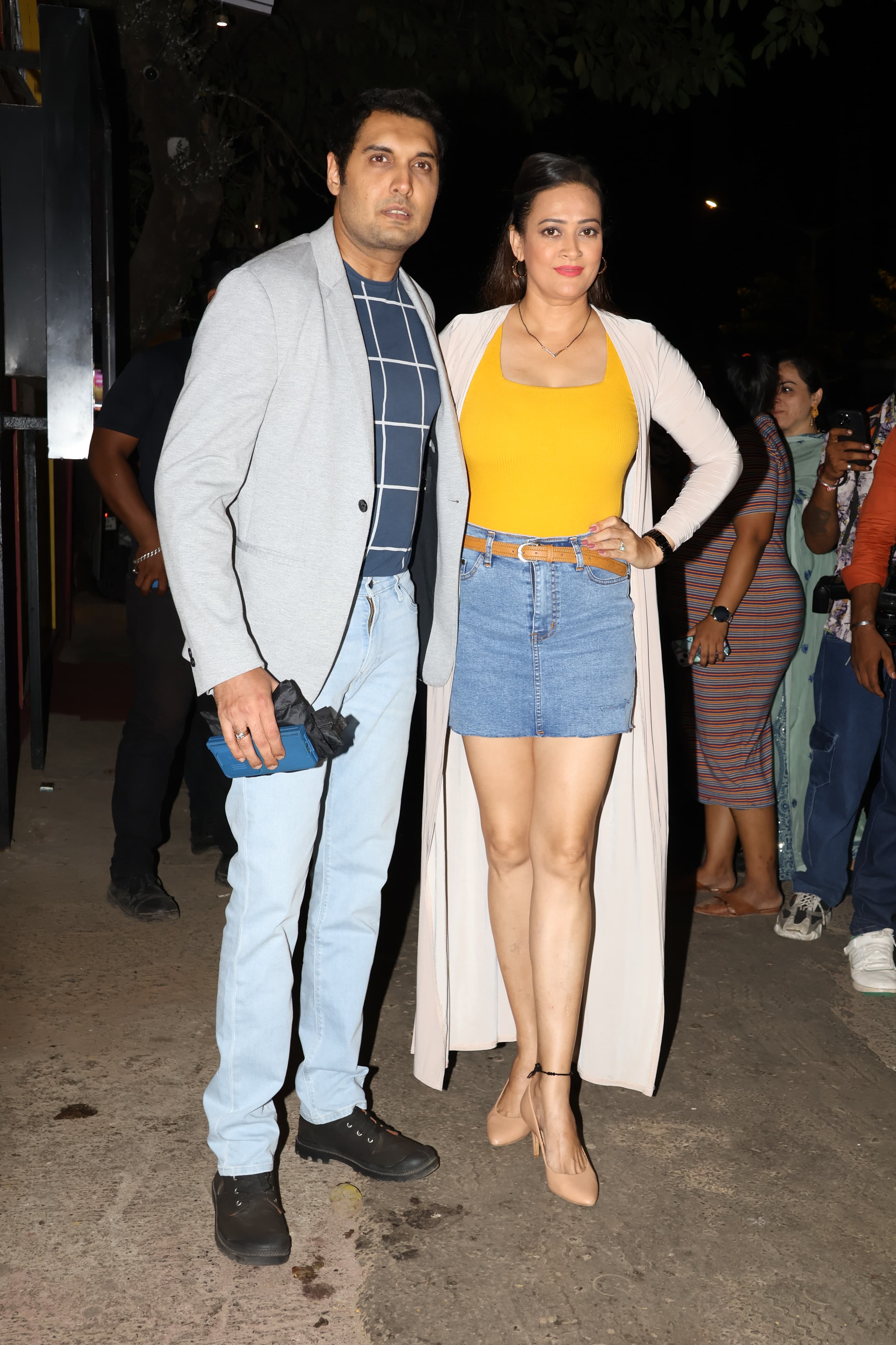 Jaswin Kaur stunned in a yellow top, blue shorts and white shrug as she arrived at Rupali Ganguly's birthday bash