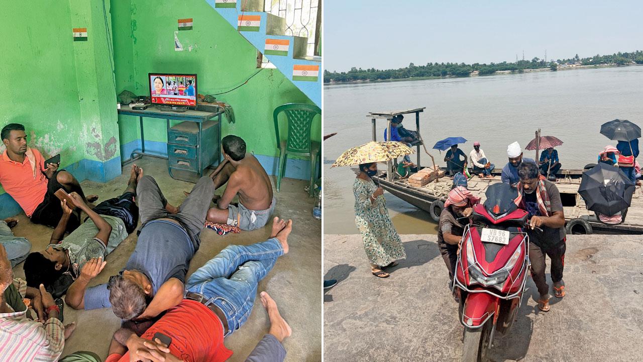 Locals at the rickshaw rider’s union room watch a speech by Home Minister Amit Shah; A boat ferrying people to Sandeshkhali