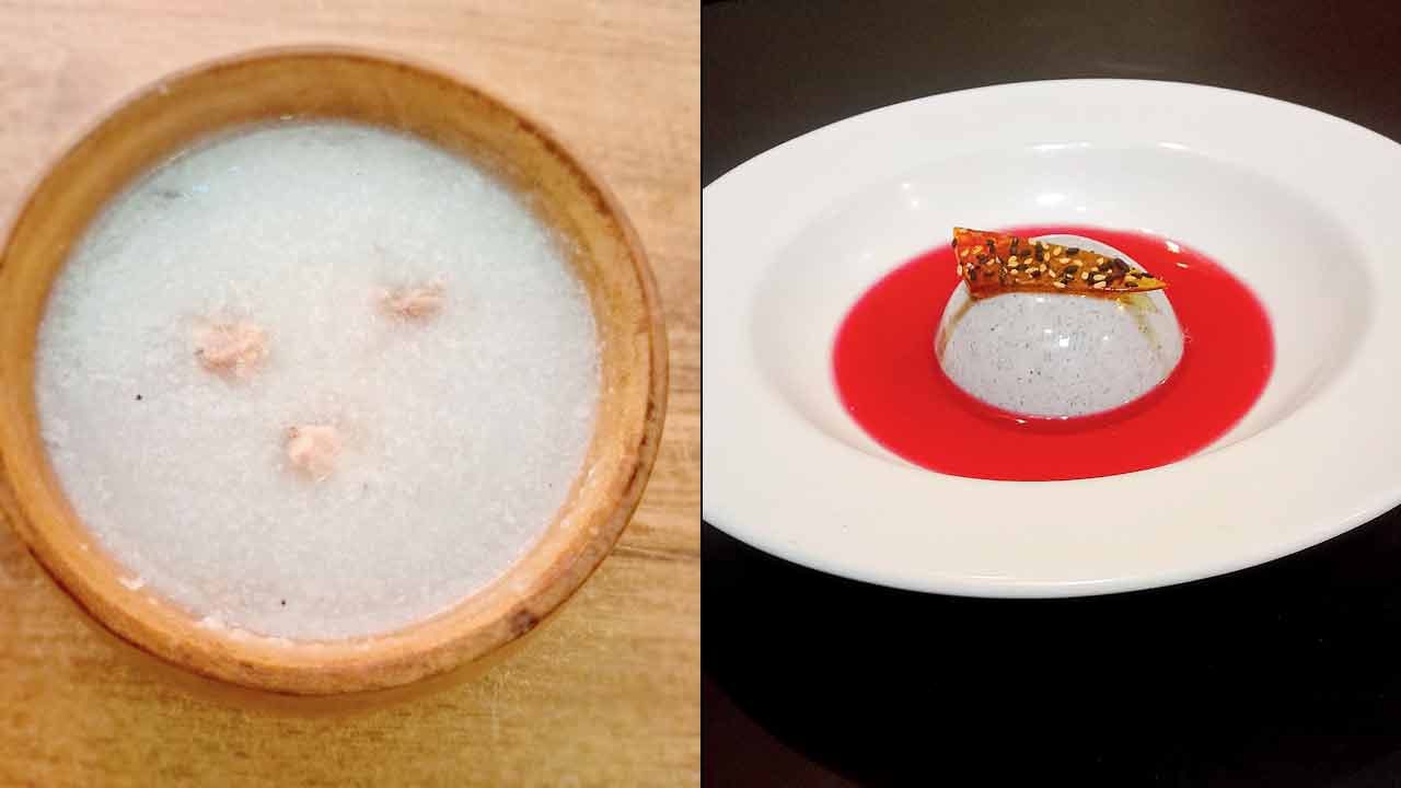 Chicken amruso and Black sesame panna cotta