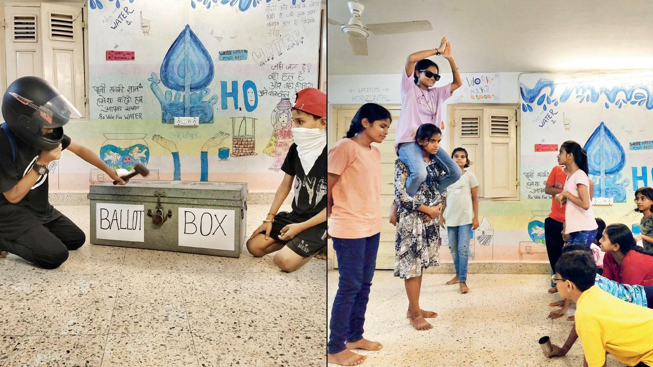 Children rehearse for the performance; (right) a moment from the play depicting an election rally