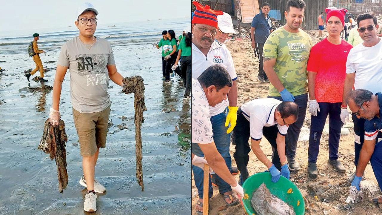 Mohit Ramle collects ghost nets (right) a community clean-up drive underway in Versova
