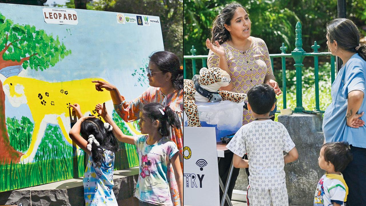 (Left) The community painting; (right) visitors learn about collaring