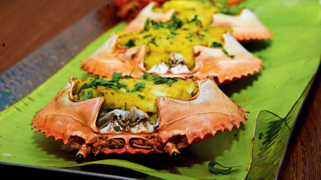 The zafrani crab shells have a delicate balance of flavours and a 35-minute prep time. Pics/Atul Kamble