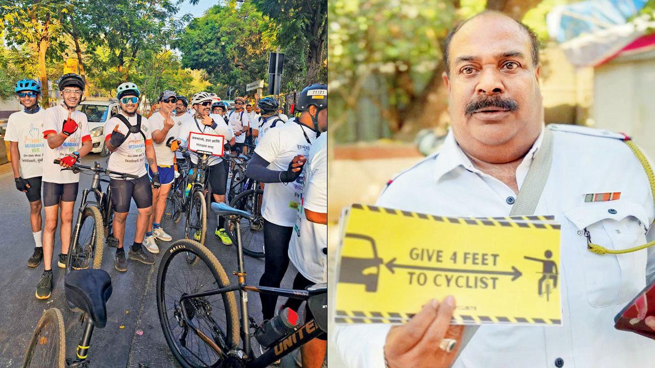 (Left) Cyclists at the awareness drive; (right) a Mumbai Traffic Police officer holds up the cyclists’ safety sign