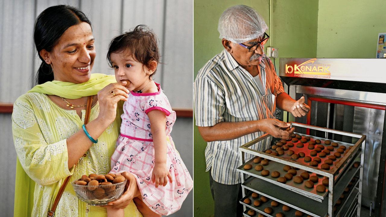 Gade’s daughter with his granddaughter Ambika; (right) Gade checks freshly-baked biscuits at his unit at Madhav Nagar, Yawal. Pics/Ashish Raje