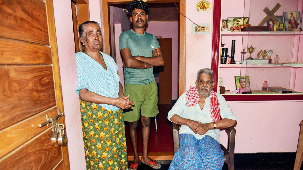 Sibin, 22, who lost his father Sibi Mathai to a tusker attack 22 years ago, with his grandparents VP Mathai, 83, and Anamma, 74. Pics/Atul Kamble