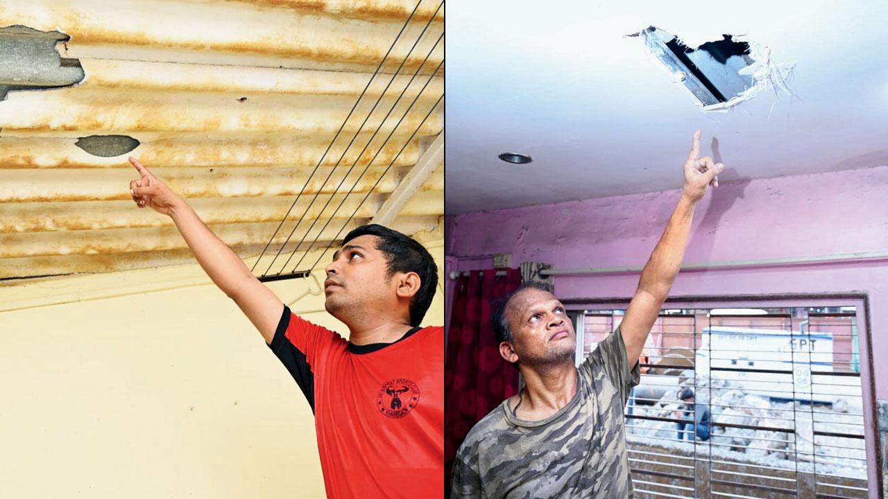 Sanjay Rane a resident points out to the damaged roof (right) A local Prashant Kurade whose roof was damaged in the incident. Pics/Rajesh Gupta