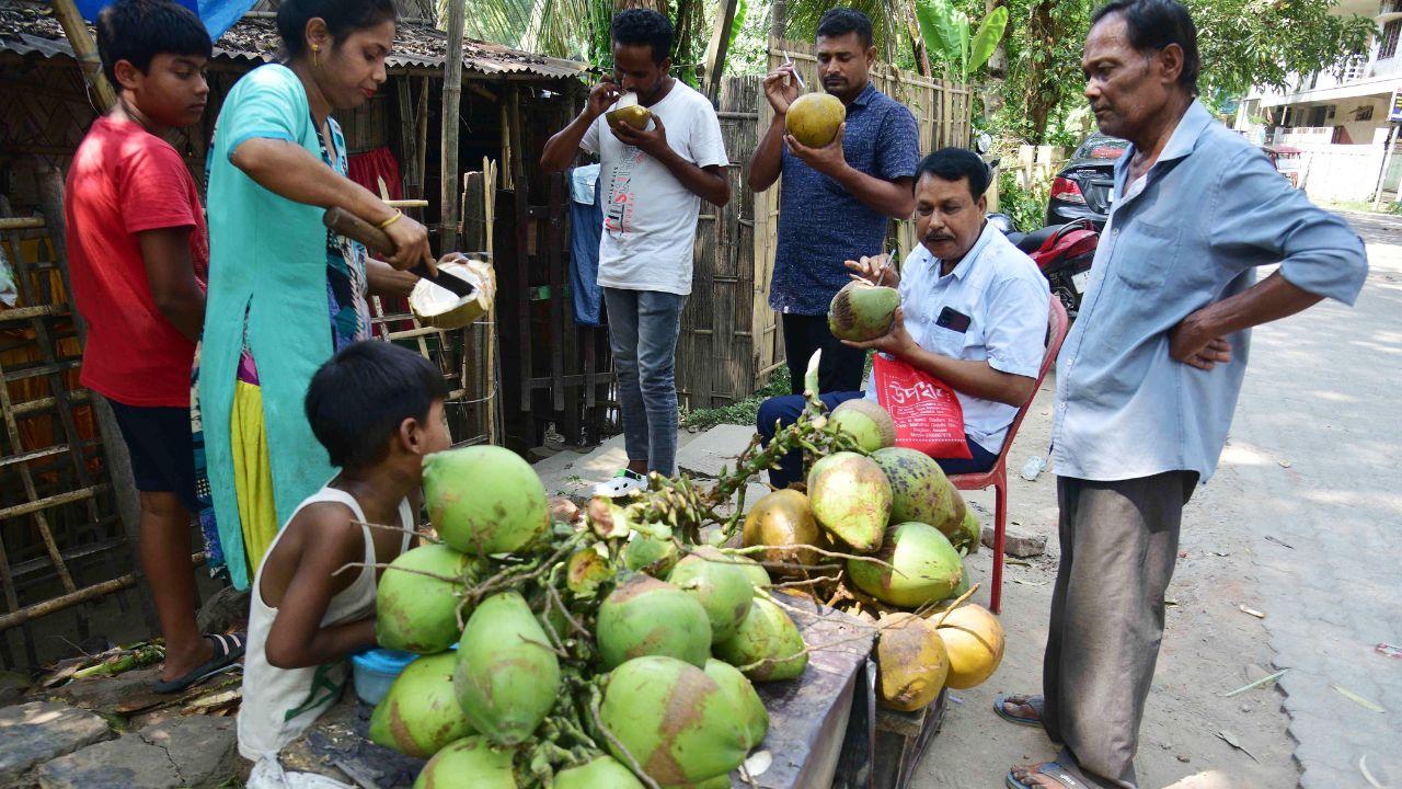 People drink coconut water to beat the heat on a hot summer day, in Nagaon on Thursday. (ANI Photo)