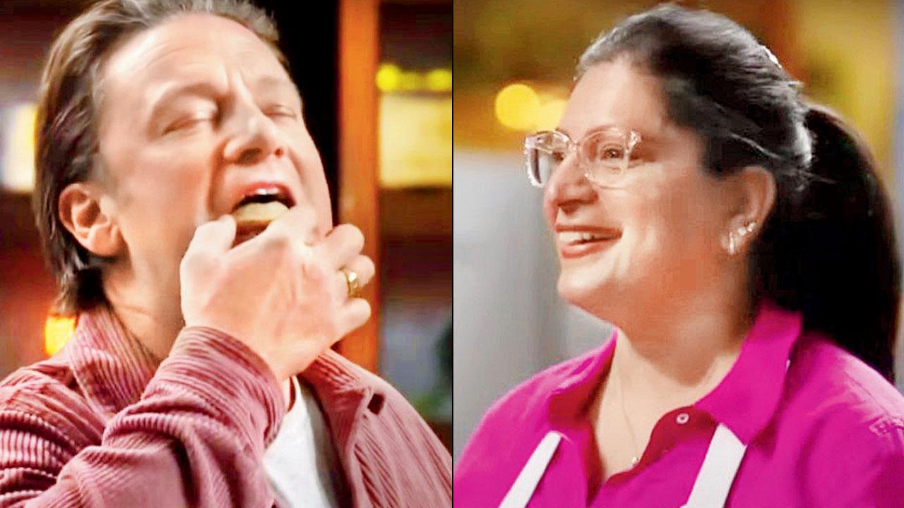 Celebrity chef Jamie Oliver tastes (right) Sumeet Saigal’s