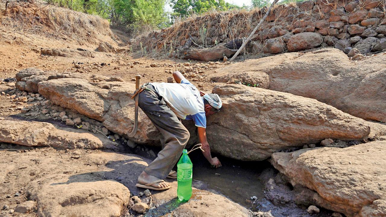 Farmer Dama Shivde, 55, fills a water bottle from the waterhole, which is almost dry