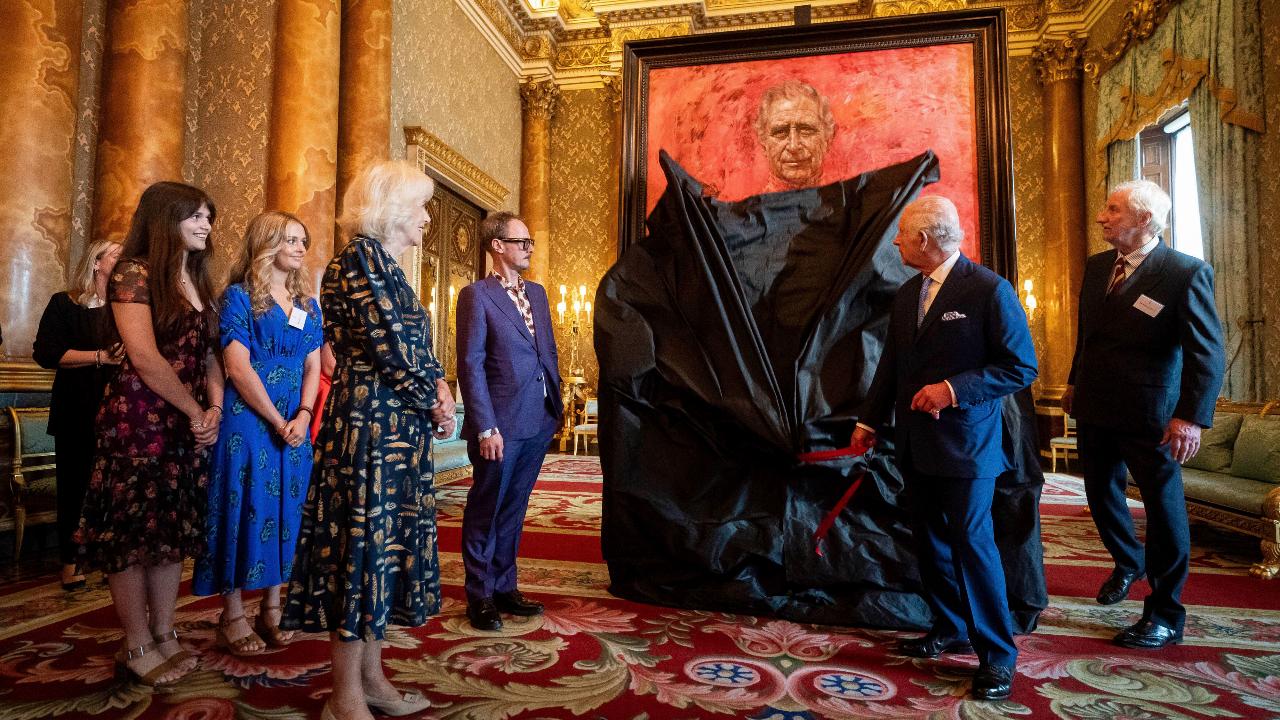 The canvas size - approximately 8.5 by 6.5 feet when framed - was carefully considered to fit within the architecture of Drapers' Hall and the context of the paintings it will eventually hang alongside.