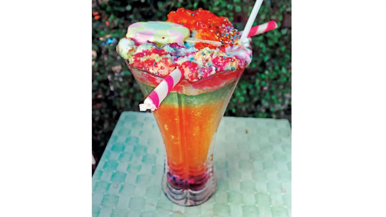 The blossom blast floater is a 1.75-litre drink, which serves three. Sip on fruity flavours like kiwi, raspberry, rose, lemon, blueberry, orange and pineapple. It comes topped with two scoops of chocolate and vanilla ice cream, strawberry candy and sprinklers.At Royal Rajput Soda, Sector 5 Charkop, Kandivali West.Call 9820332704 Cost Rs 190