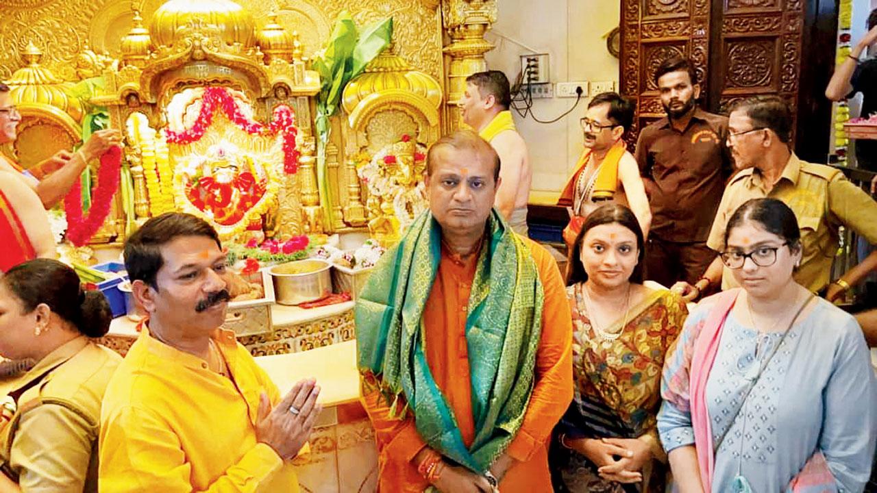 BJP’s Mumbai North East candidate Mihir Kotecha at the Siddhivinayak temple in  Dadar on Sunday morning