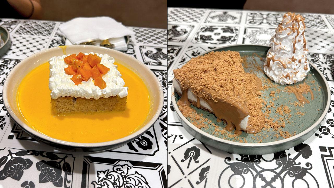 Aamras tres leches (right) Lotus biscoff cheesecake