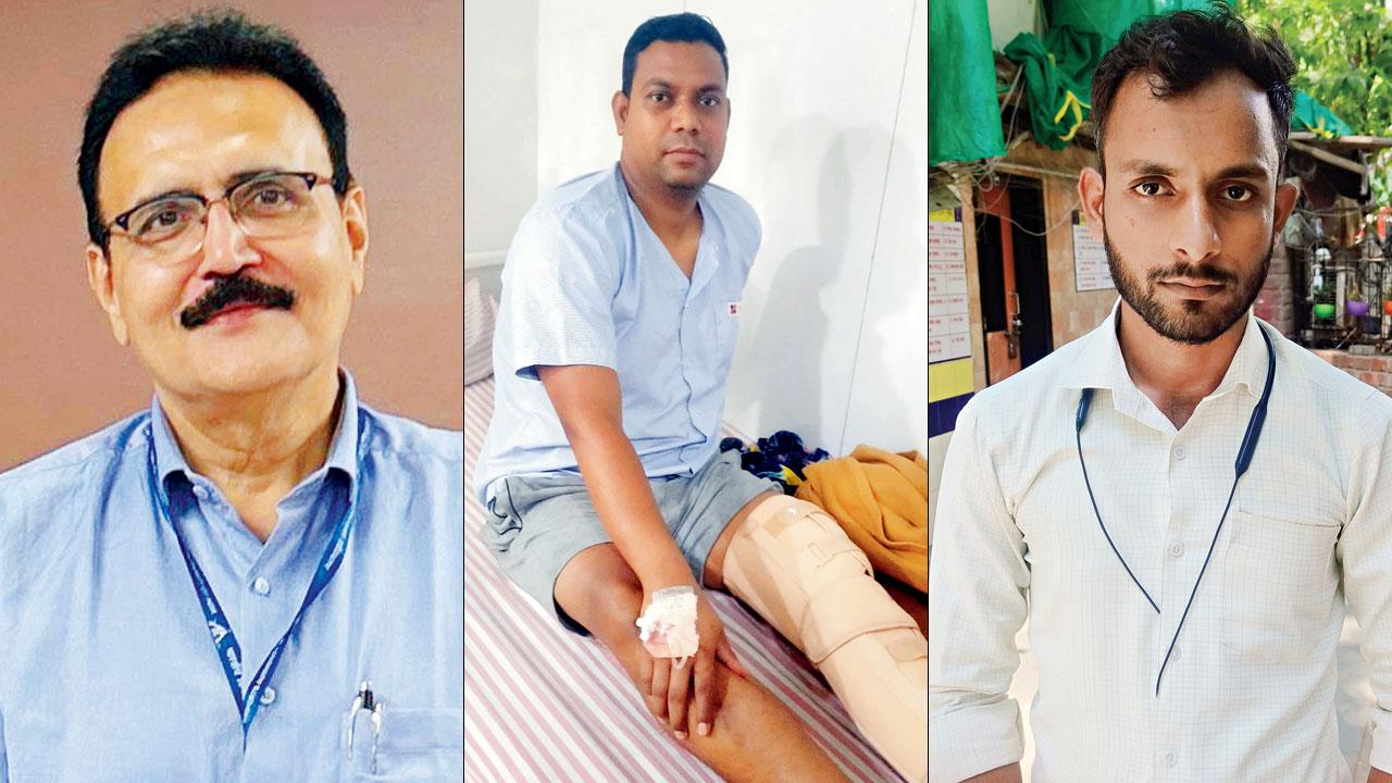 (From left) Manoj Chansoria was en route to Jabalpur with his wife Anita when tragedy struck. Pic/Rajesh Gupta; Engineer and Kanjurmarg resident Himanshoo Vishwakarma, whose leg was injured in the collapse; cabbie Sanjay Yadav who is yet to find his phone, wallet and documents