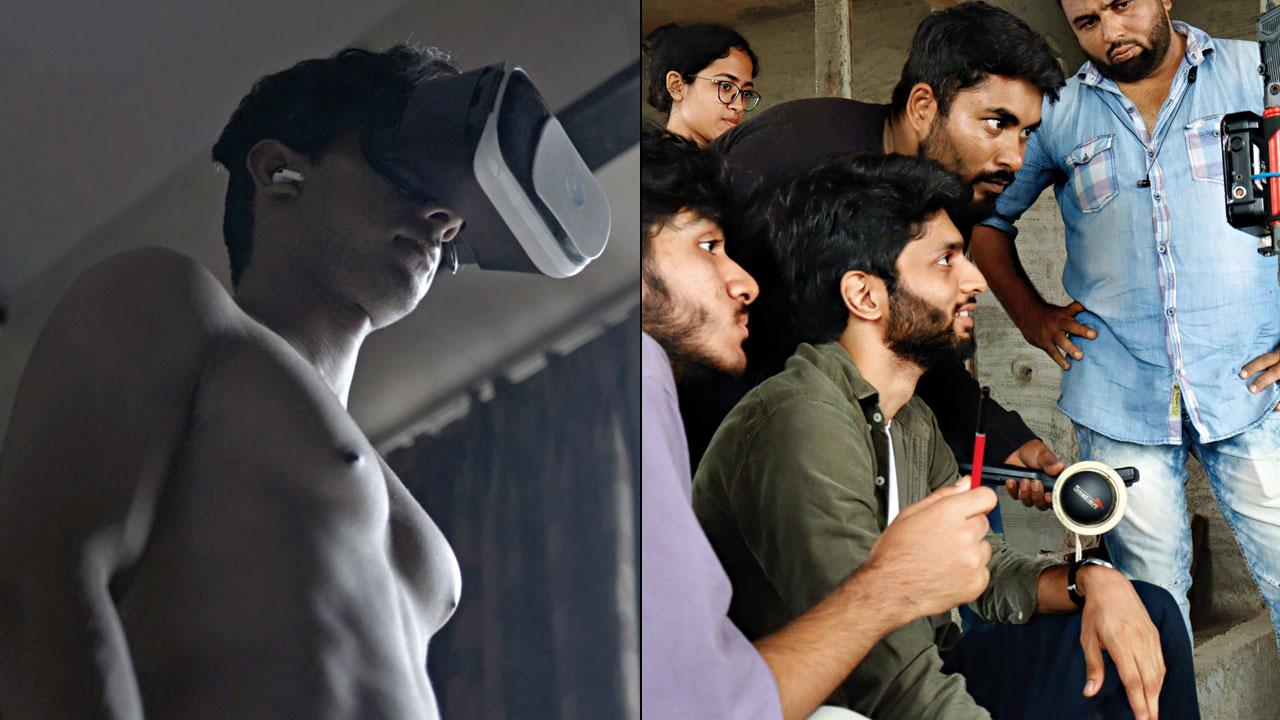(Left) A still from the short film; (right) Rohan Chavan (in green) shoots a scene 