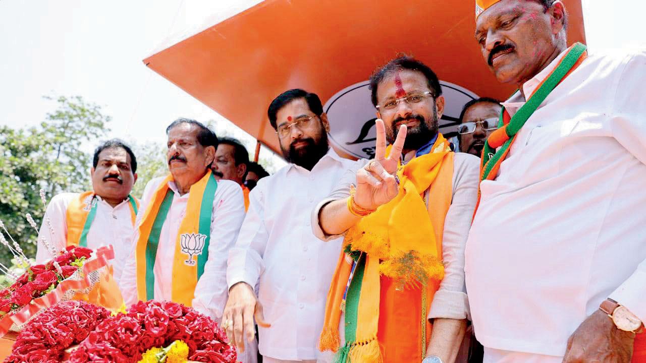 Chief minister Eknath Shinde at the campaign rally of Sena’s Thane candidate Naresh Mhaske in Navi Mumbai on Thursday 