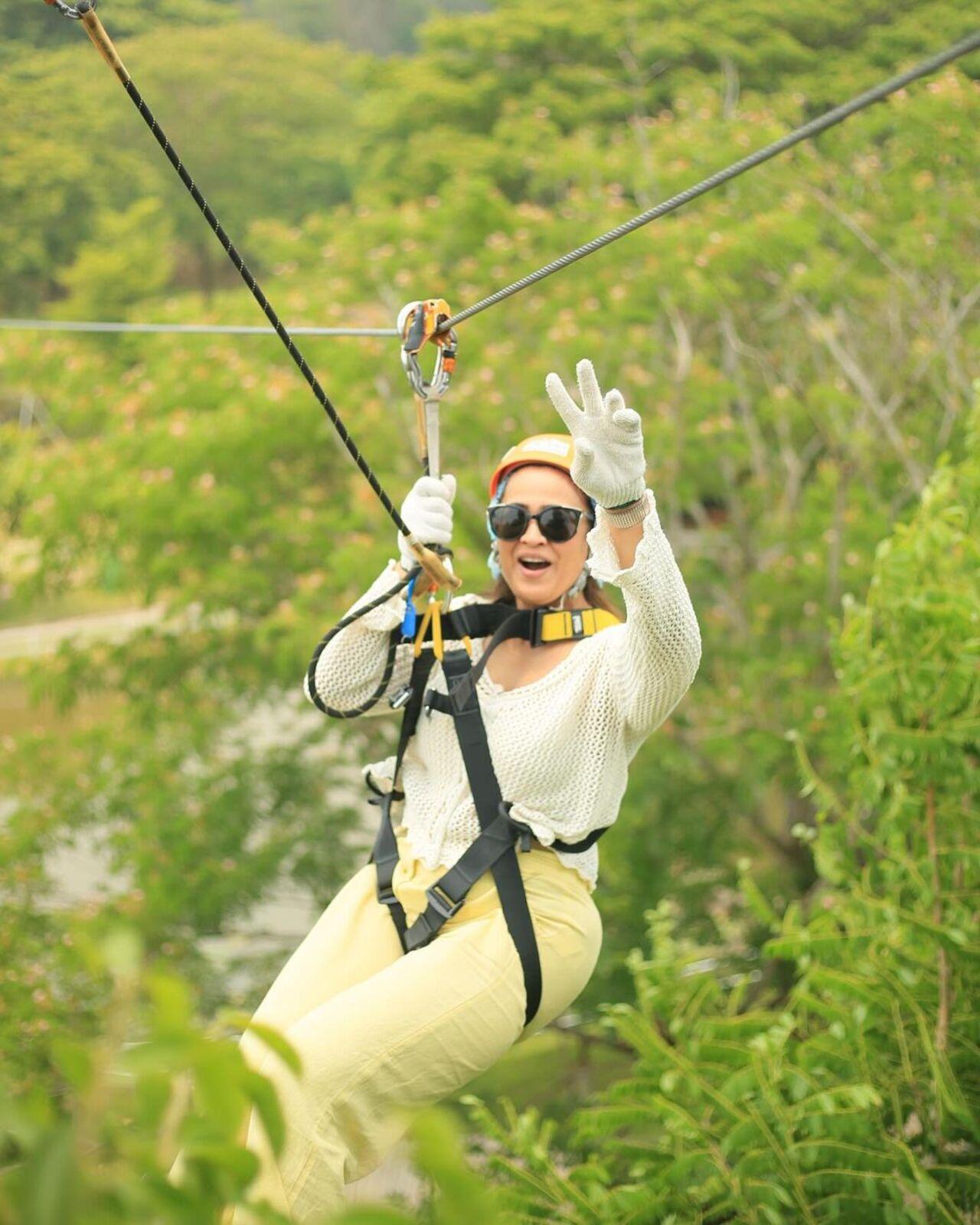 The telly icon did some adventure sports on her vacation such as ziplining through the stunning forests. 
