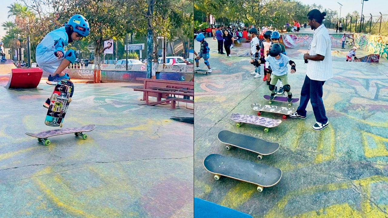 (From left) A young skateboarder jumps over a board; Ansari guides a participant during a previous edition of the jam 