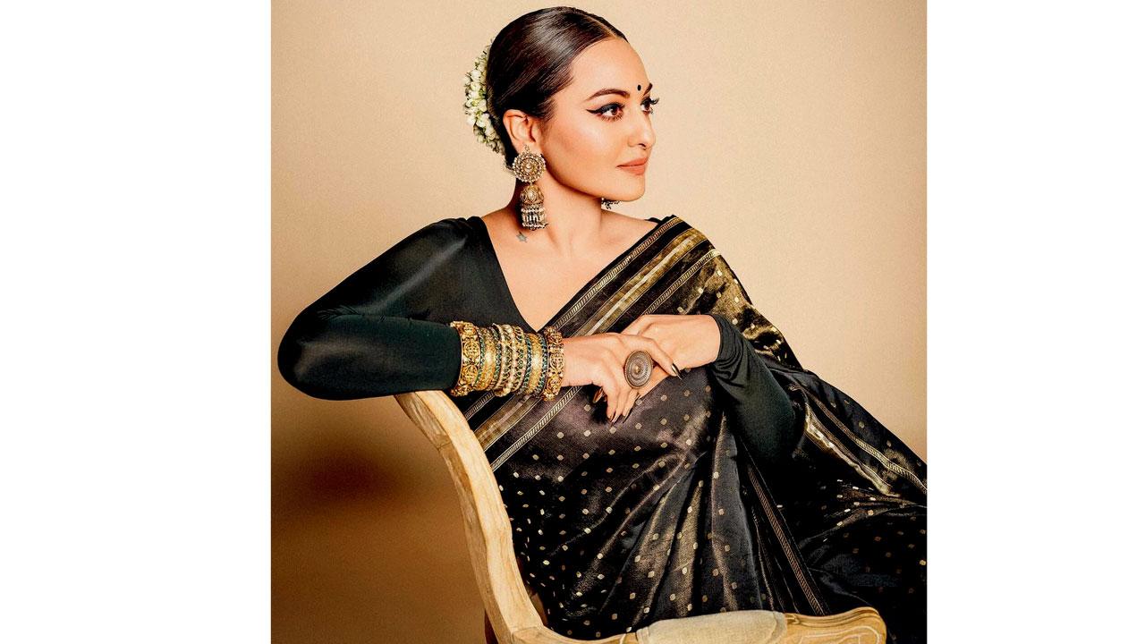 Sonakshi Sinha wears a silk saree with embellishments that represents a slightly restrained take on this aesthetic