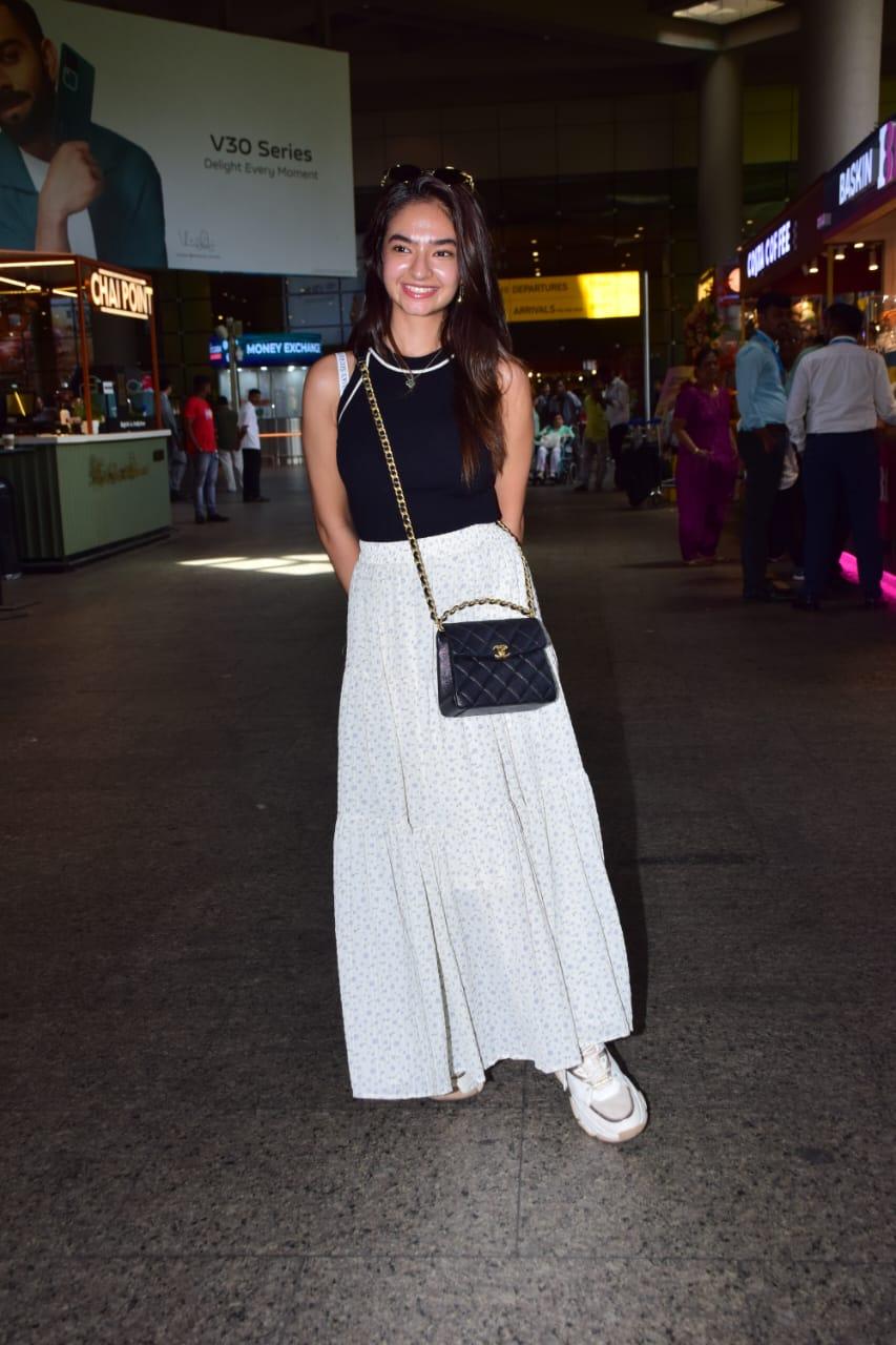 Anushka Sen wore a long skirt and paired it with a black top as she was snapped at the airport
