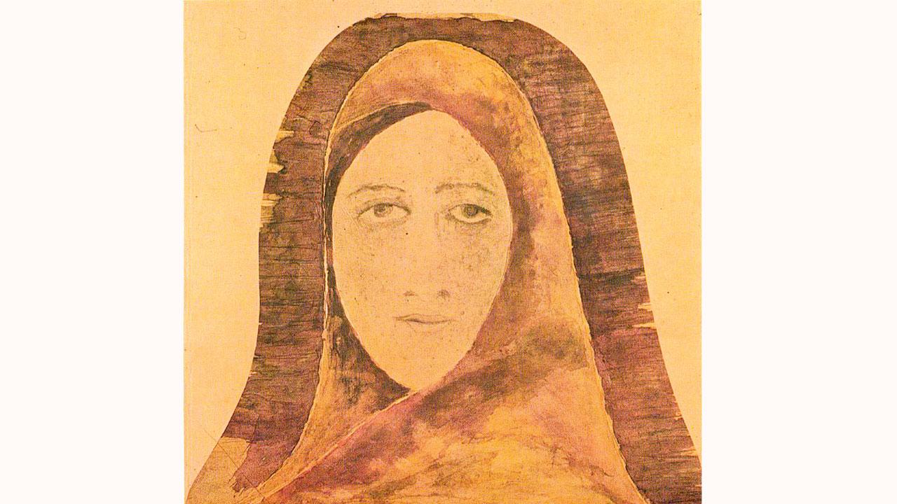 Face of a woman, inspired by Kadambari Devi, ink on paper, on display at National Gallery of Modern Art, New Delhi