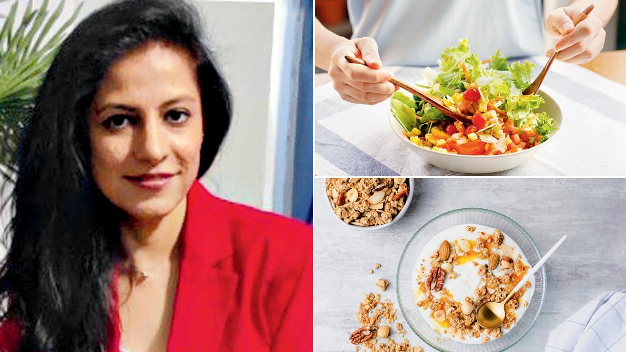 Dr Vishakha Shivdasani (inset) suggests foods rich in protein and good fats like greek yoghurt with nuts for mornings and a bowl of salad before carbohydrate-rich meals during the day
