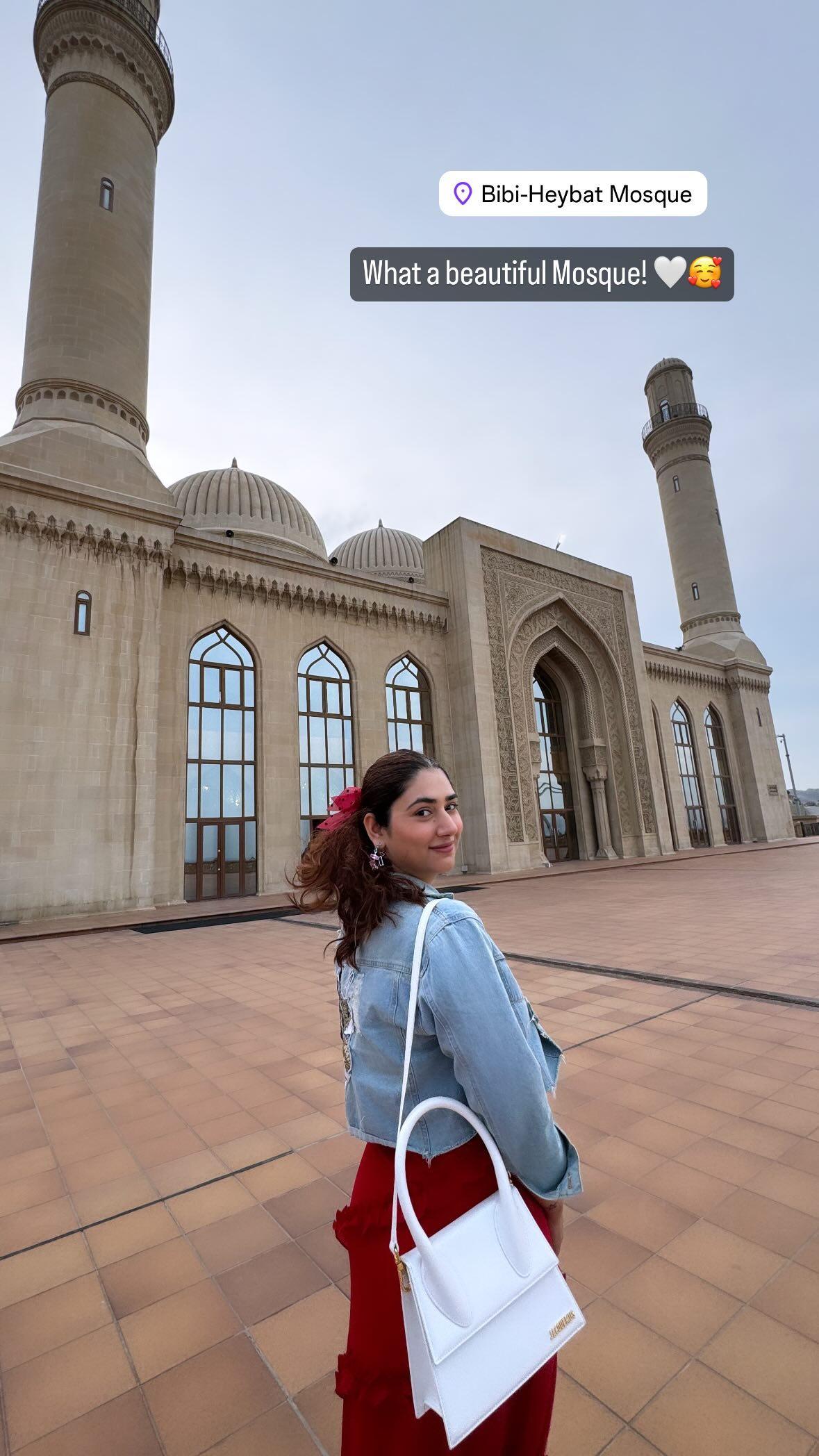 Disha and Rahul visited the Bibi-Heybat Mosque. Disha wore a red gown and paired it with a denim jacket