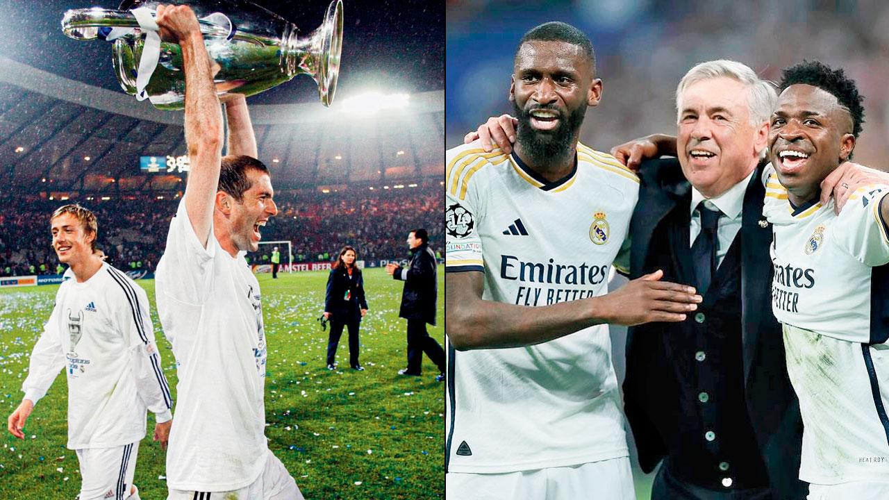 Zinedine Zidane at the 2002 finals; (right, in black) Carlo Ancelotti